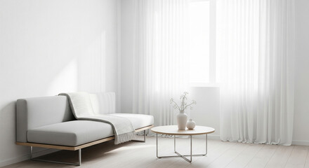 Minimalist living room interior with white sofa, curtains, and diffused light