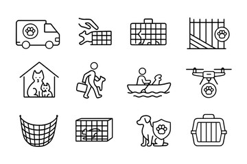 Fototapeta premium Animal Rescue Icons. Line style icons of animal rescue and safety: animal ambulance, trap release, cage icon, wildlife barrier,