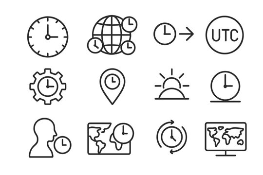 Time Zone Icons. Line style icons of time zones: world clock, globe with clocks, time difference, GMT icon, timezone settings,