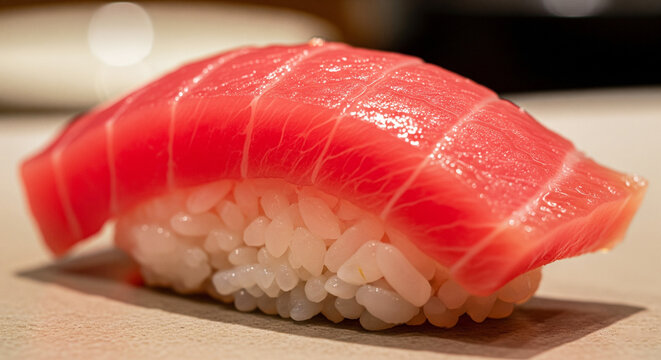 Close-up macro of fresh tuna nigiri sushi piece with rice