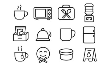 Office Break Icons. Line style icons of office lunch and break time: coffee cup, microwave icon, lunchbox icon, water cooler,