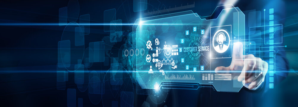 Manager hand touching customer service data engagement feedback, satisfaction support CRM automation quality experience interaction innovation transformation global loyalty solutions.