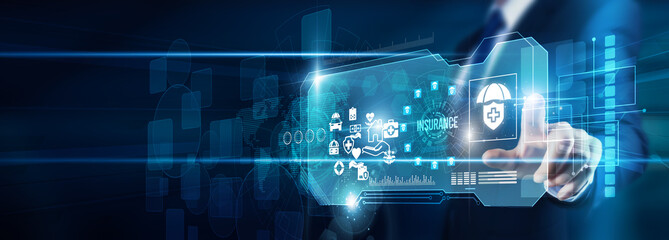 Consultant hand touching insurance policy data risk assessment claims, underwriting compliance...