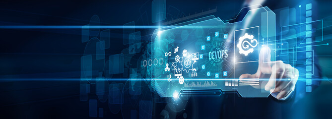 An engineer's hand touching DevOps pipeline data CI/CD automation deployment, integration monitoring collaboration efficiency innovation transformation global scalability, and productivity.