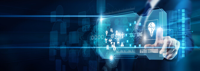 Solution architect hand touching digital solutions data integration platforms, automation innovation problem-solving implementation scalability transformation global technology efficiency, and growth.