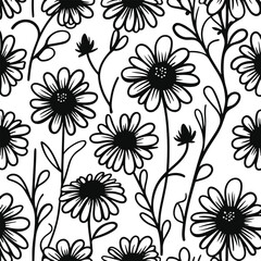 Wildflower Doodle Seamless Vector Pattern, bold thick solid black blooms and freeform stems, clean minimal abstract line art, high visibility, plain white background, no gradients, repeatable 1