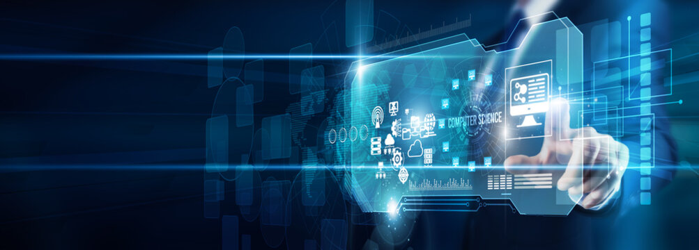 An engineer's hand touching computer science data algorithms programming systems architecture, software development AI integration automation innovation transformation global digital solutions.