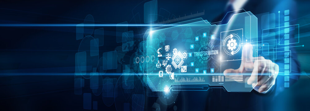 Change manager hand touching transformation data digital strategy, process automation innovation restructuring modernization systems efficiency integration growth global future.