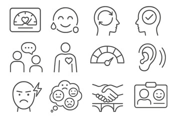 Emotional Intelligence Icons. Line style icons of emotional intelligence: EQ score icon, empathy face icon, self-awareness icon,