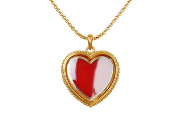 Gold Heart Pendant with Red & White Design on Golden Chain, isolated on white transparent background