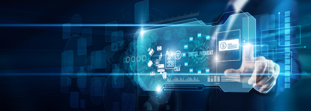 A fintech expert's hand touching digital payment data encryption, transaction gateways mobile apps security authentication automation innovation transformation global financial solutions.