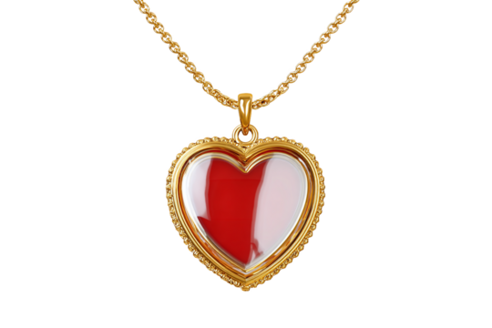 Gold Heart Pendant with Red & White Design on Golden Chain, isolated on white transparent background
