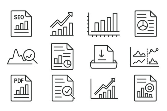 SEO Iconography. Line style icons of SEO reporting: SEO report document, performance graph icon, weekly ranking chart, traffic