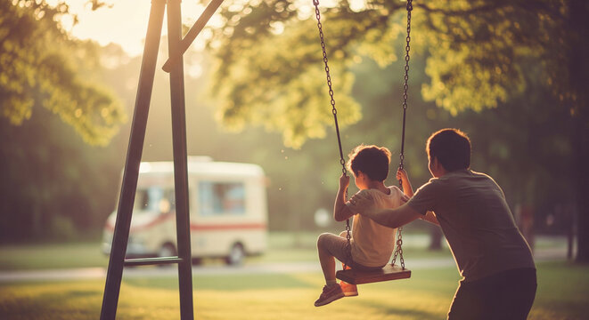 Father pushing his child on a swing in a sunlit park, nostalgic scene
 - Powered by Adobe