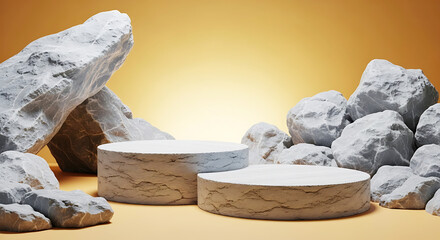 Minimalist stone display podiums with rough rock elements and a warm golden yellow background, ideal for product presentation and advertising