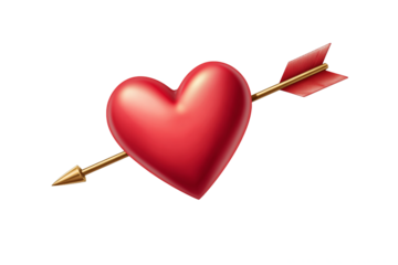 3D Red Heart Pierced by Gold Arrow, isolated on white transparent background