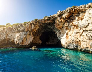 Fototapeta premium Sea cave with clear water, and sunny coast.