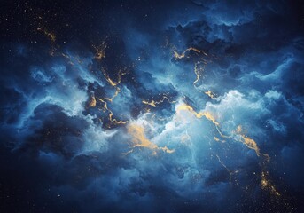 Obraz premium Deep blue galaxy nebula with golden stardust and swirling clouds, evoking a sense of cosmic wonder and infinite space