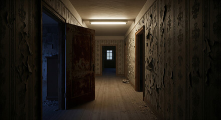 Long, empty corridor or hallway with a single light source, abstract
