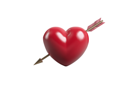 Red heart pierced by a golden arrow, isolated on white transparent background