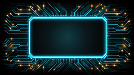 Abstract Futuristic Technology Background with Blue Neon Frame and Digital HUD Interface &ndash; Circuit Board Design and Cyber Tech Light Portal Vector Illustration