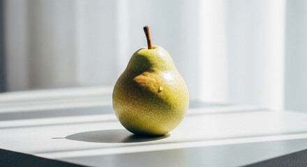 Single pear on a sunlit windowsill, healthy fruit still life
