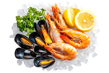 A seafood assortment featuring shrimp mussels parsley and lemon on a bed of crushed ice cubes near black on transparent background