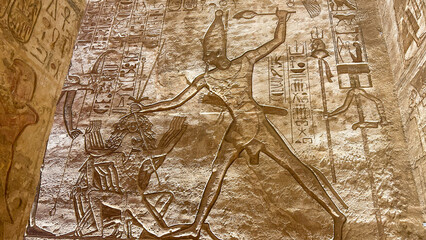 Pharaoh relief carving at Abu Simbel temple, Egypt