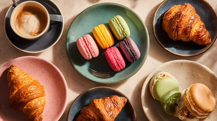 Delicious french breakfast croissants macarons and coffee aesthetic food photography shot top down view