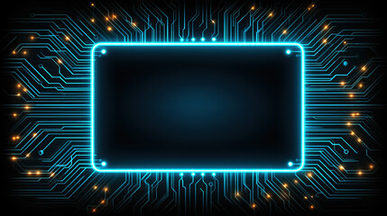 Abstract Futuristic Technology Background with Blue Neon Frame and Digital HUD Interface &ndash; Circuit Board Design and Cyber Tech Light Portal Vector Illustration