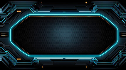 Abstract Futuristic Technology Background with Blue Neon Frame and Digital HUD Interface &ndash; Circuit Board Design and Cyber Tech Light Portal Vector Illustration