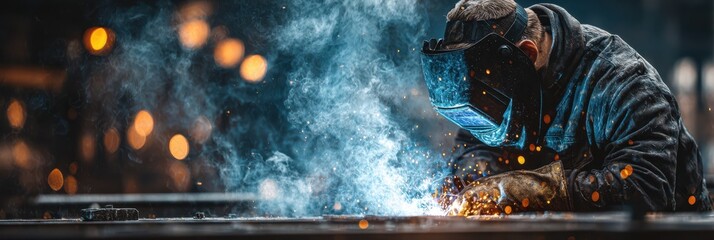 Skilled welder working on metal fabrication in a dimly lit workshop creating sparks and smoke