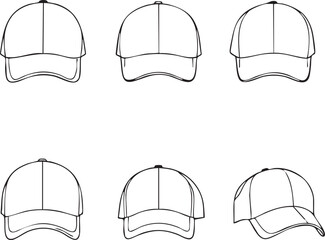 This image showcases six variations of baseball caps in a simple, clean line drawing format.