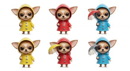 Obraz premium Six chihuahua figurines in raincoats colorful and adorable