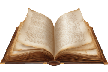 Open Antique Book with Aged Pages and Text Isolated on White Transparent Background