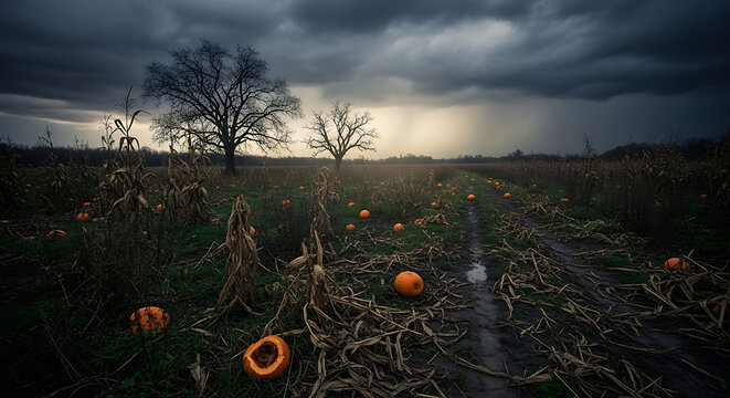 Pumpkin patch under a stormy sky with bare trees