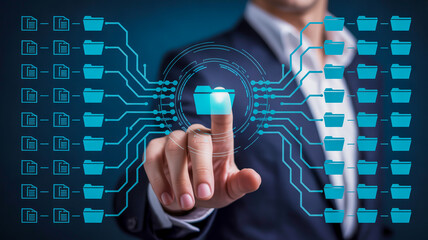 Businessman interacts with digital data structure, organizing files efficiently for modern business solutions