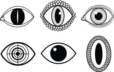 Collection of six distinctive eye designs hand-drawn sketch style for creative projects and abstract concepts