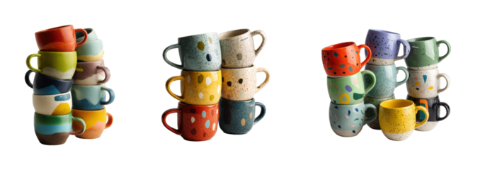 Colorful stacked mugs kitchen bright, isolated on transparent background, png set