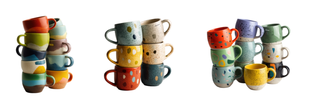 Colorful stacked mugs kitchen bright, isolated on transparent background, png set
