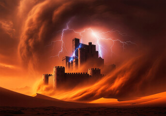 Fototapeta premium A castle in the desert amidst a sandstorm and lightning.