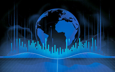 Dynamic global finance charts illustrate worldwide economic growth and digital market trends.