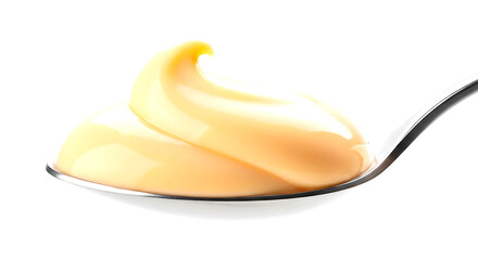 A spoonful of creamy mayonnaise or a similar yellow sauce, isolated a, showcasing its smooth texture and culinary appeal