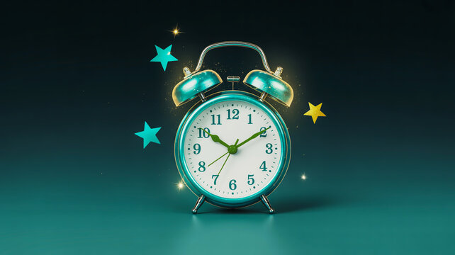 Charming teal alarm clock with sparkling stars and golden light evokes magical moments and timely reminders.
