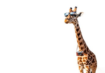 Obraz premium Giraffe in glasses with a camera. Space for text.