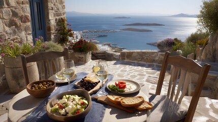 Fototapeta premium Seaside Dinner with Greek Cuisine and Ocean View