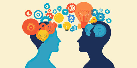Silhouettes of two heads exchanging colorful light bulbs and gears symbolizing creative ideas collaboration and brainstorming process in flat vector style