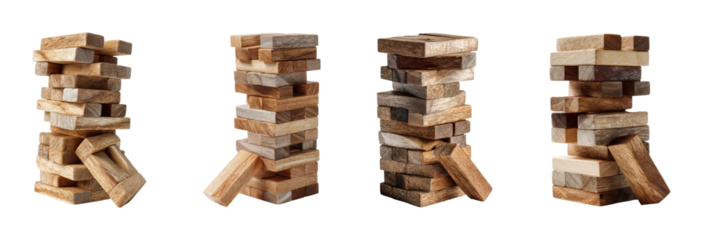 Wooden block stacking game game setup calm atmosphere top view, isolated on transparent background, png set