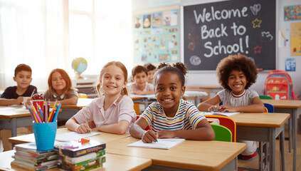 A bright back-to-school classroom with diverse, happy students learning at colorful desks, a welcoming chalkboard, and cheerful decor. A vibrant, inclusive scene full of energy and warmth.