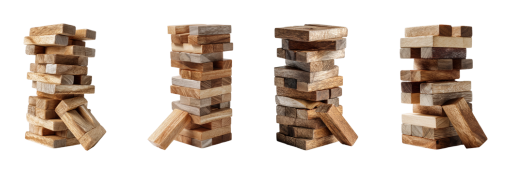 Wooden block stacking game game setup calm atmosphere top view, isolated on transparent background, png set